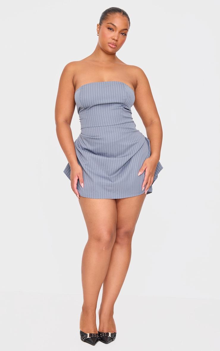 Plus Charcoal Pinstripe Woven Bandeau Ruched Side Skort Romper Product Image