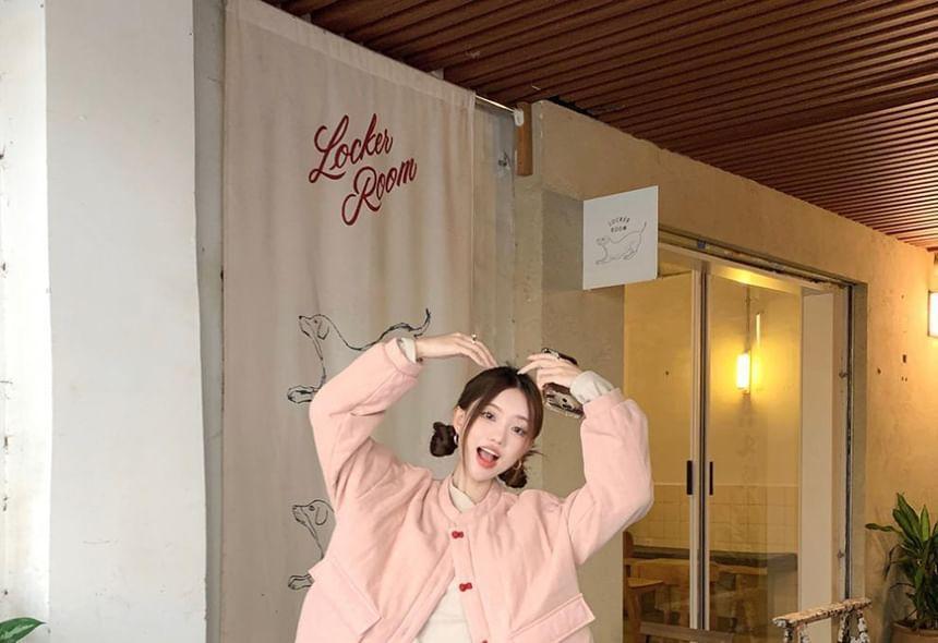 Long-Sleeve Stand Collar Plain Tee / Frog Buttoned Jacket / High Rise Wide Leg Pants Product Image