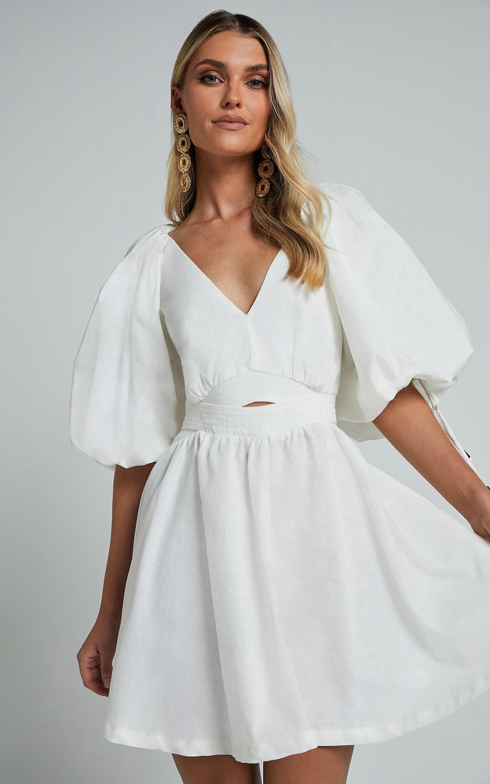 Amalie The Label - Movida Linen Blend Balloon Sleeve Crossover Band Mini Dress in White Product Image