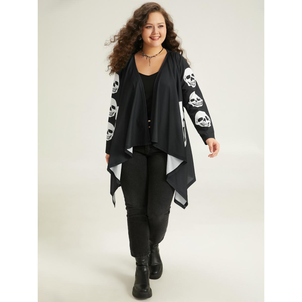 Plus Size Halloween Skull Print Asymmetrical Hem Drape Kimono Women Black Casual Drape Loose Dailywear Kimonos BloomChic 22-24/3X Product Image