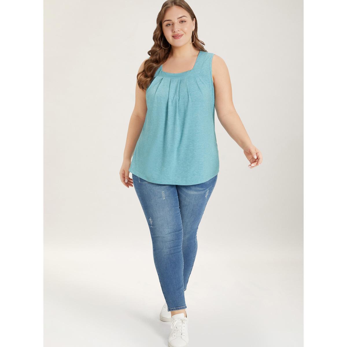 Plus Size Heather Plicated Detail Square Neck Tank Top Women Turquoise Casual Non U-neck Everyday Tank Tops Camis BloomChic 14-16/1X Product Image