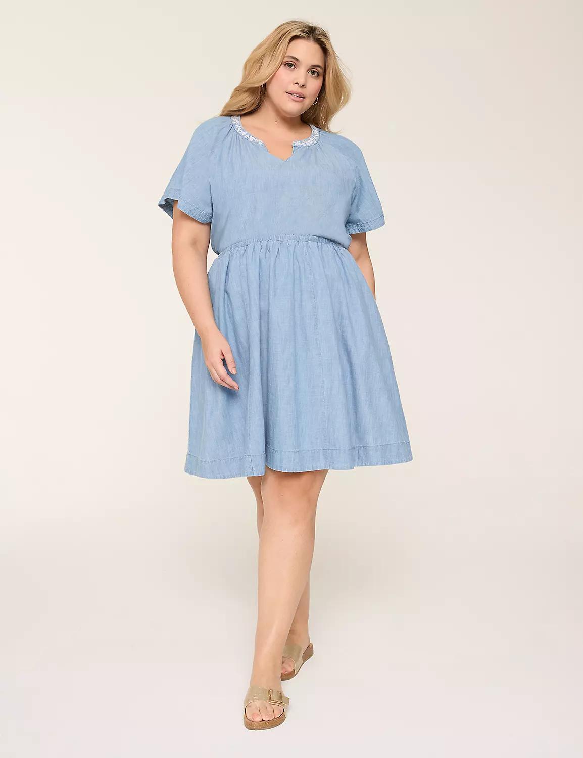 Embroidered Chambray Flutter-Sleeve Dress Product Image