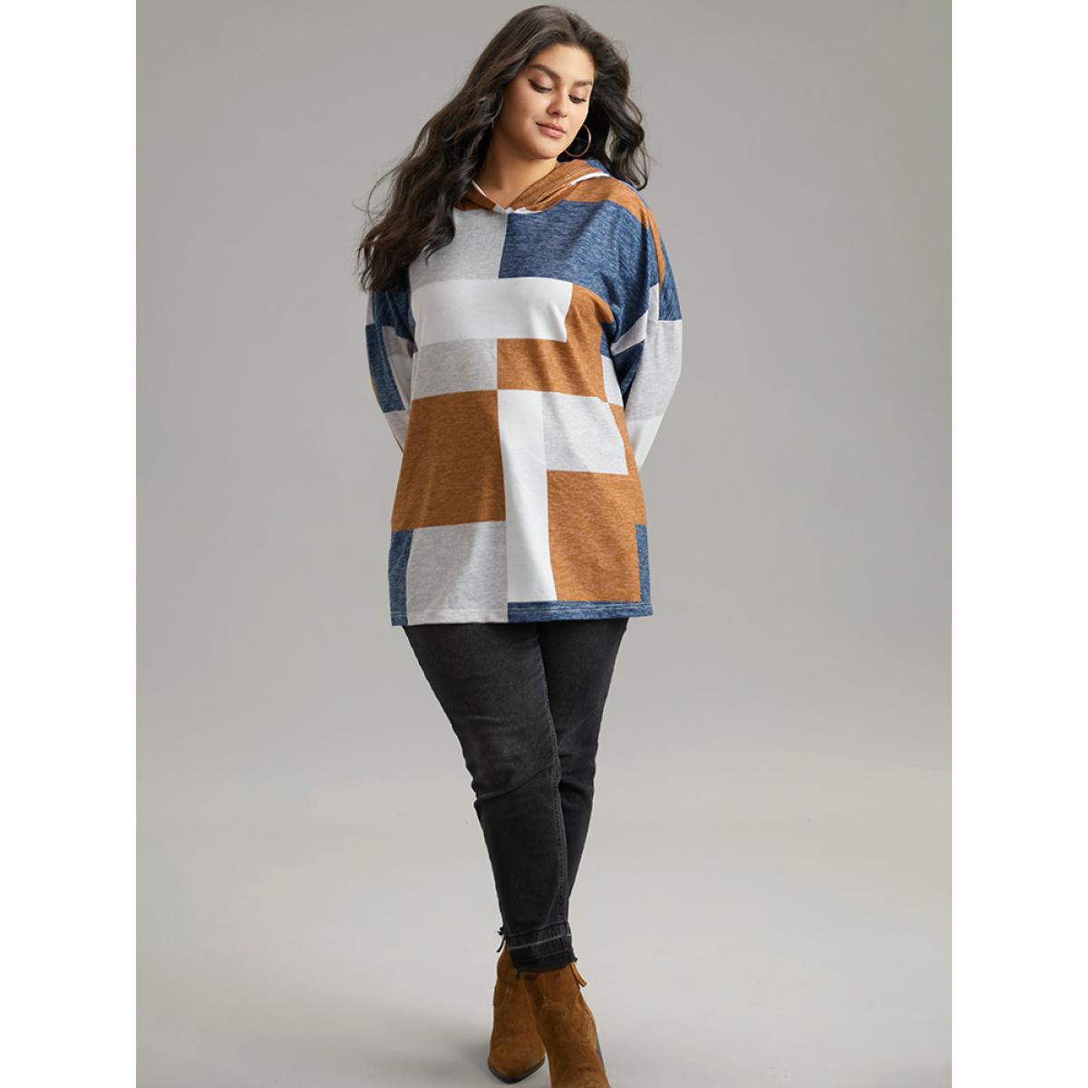 Plus Size Colorblock Contrast Hooded Drop Shoulder Sweatshirt Women Multicolor Casual Contrast Hooded Everyday Sweatshirts BloomChic 28/5X Product Image