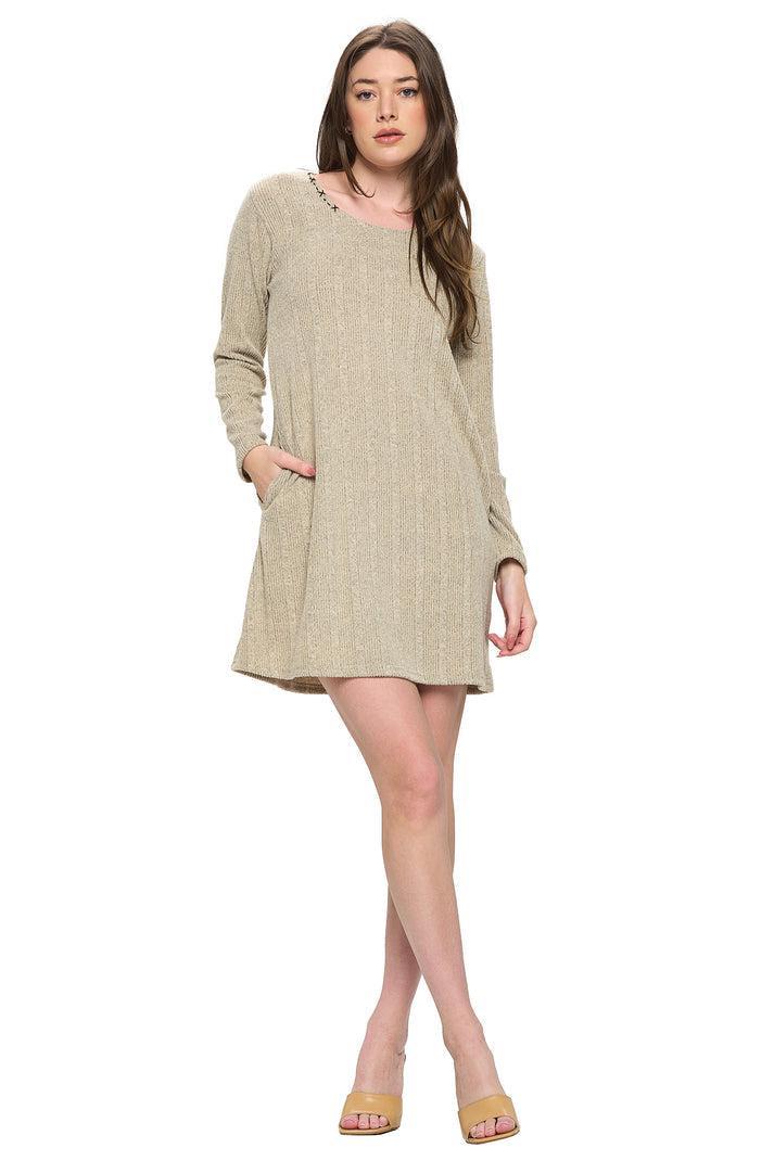 Lana Casual Soft Ribbed Handstitched Dress w/ Pockets Product Image