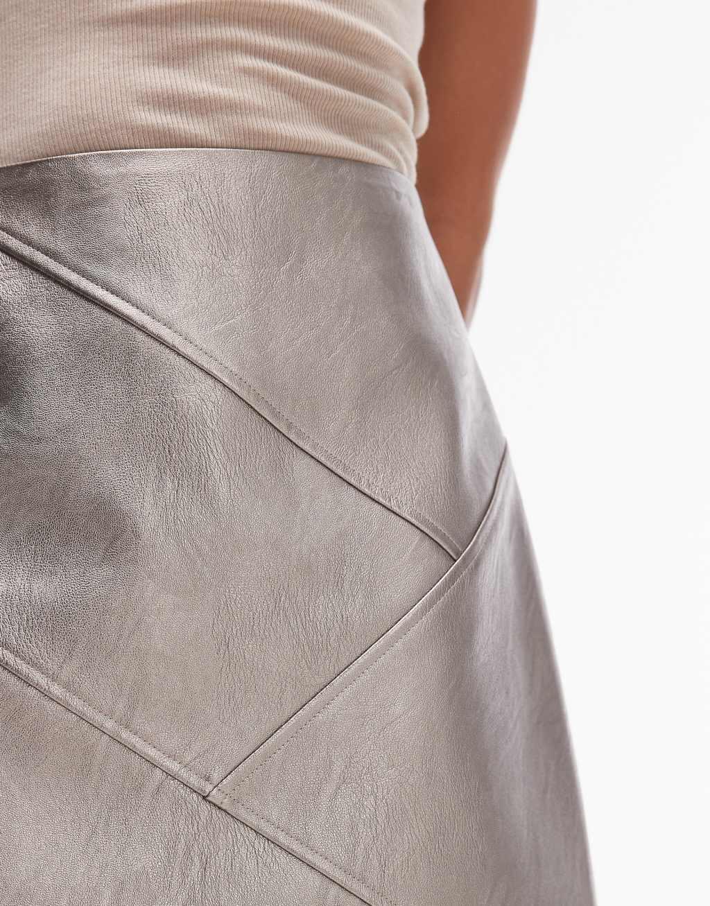 Topshop faux leather paneled seam pelmet skirt in metallic gunmetal Product Image