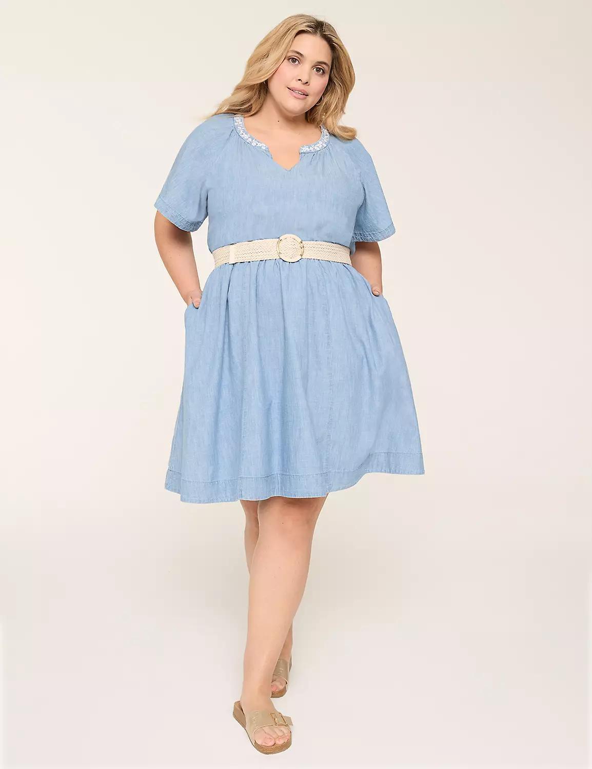 Embroidered Chambray Flutter-Sleeve Dress Product Image