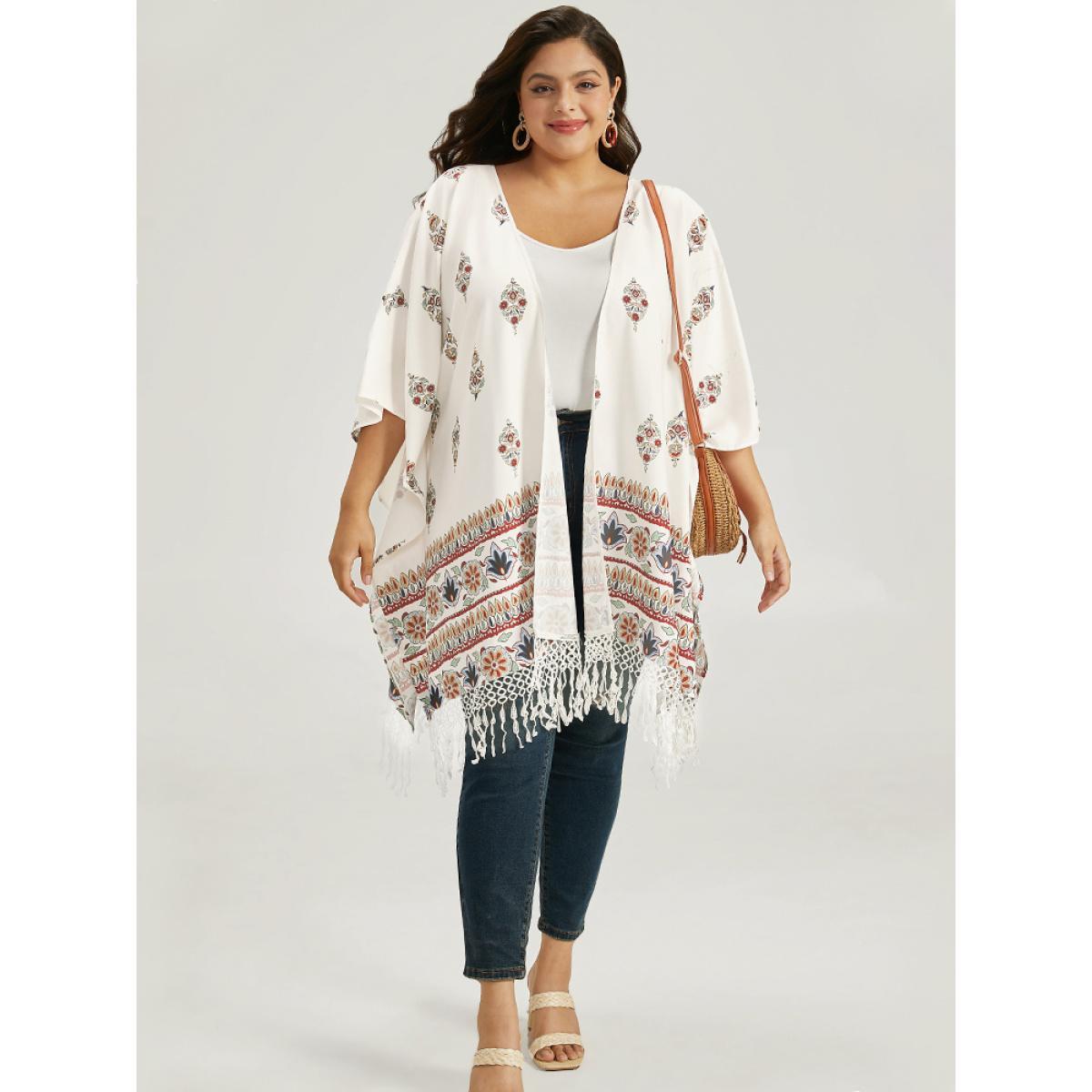 Plus Size Boho Print Asymmetrical Hem Tassel Trim Drape Kimono Women Ivory Casual Drape Loose Dailywear Kimonos BloomChic 22-24/3X Product Image