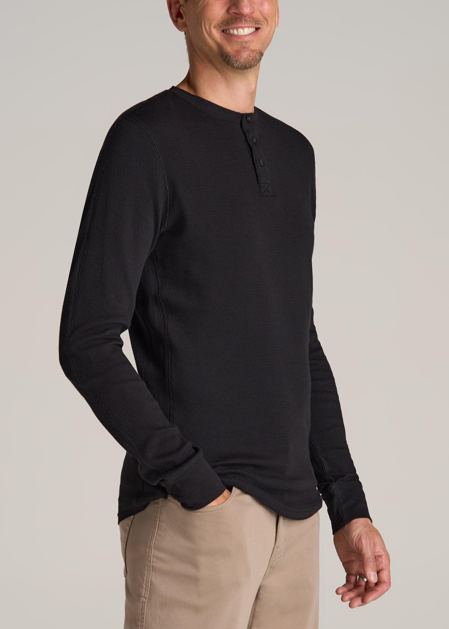 Double Honeycomb Thermal Long-Sleeve Henley Shirt for Tall Men in Black Product Image