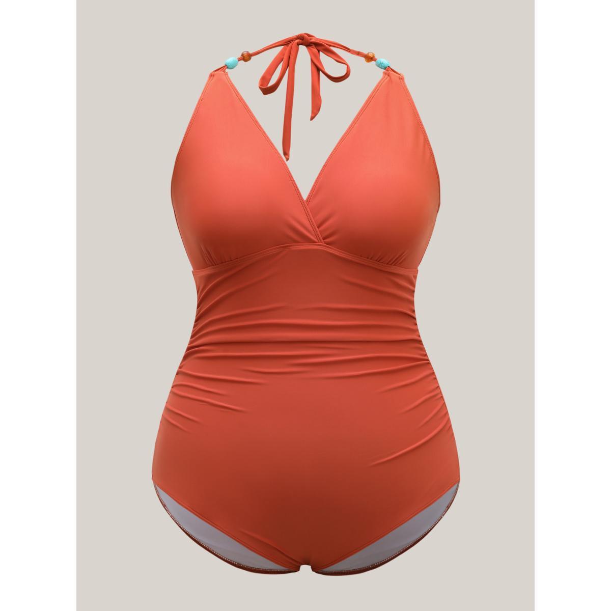Plus Size Ruched Plunging Neck One-Piece Swimsuit Women's Swimwear Rust Beach Gathered Curve Bathing Suits High stretch One Pieces BloomChic 30/6X Product Image