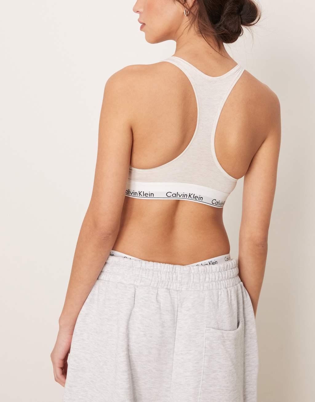 Calvin Klein Modern Cotton unlined racerback bralette with logo taping in oatmeal Product Image
