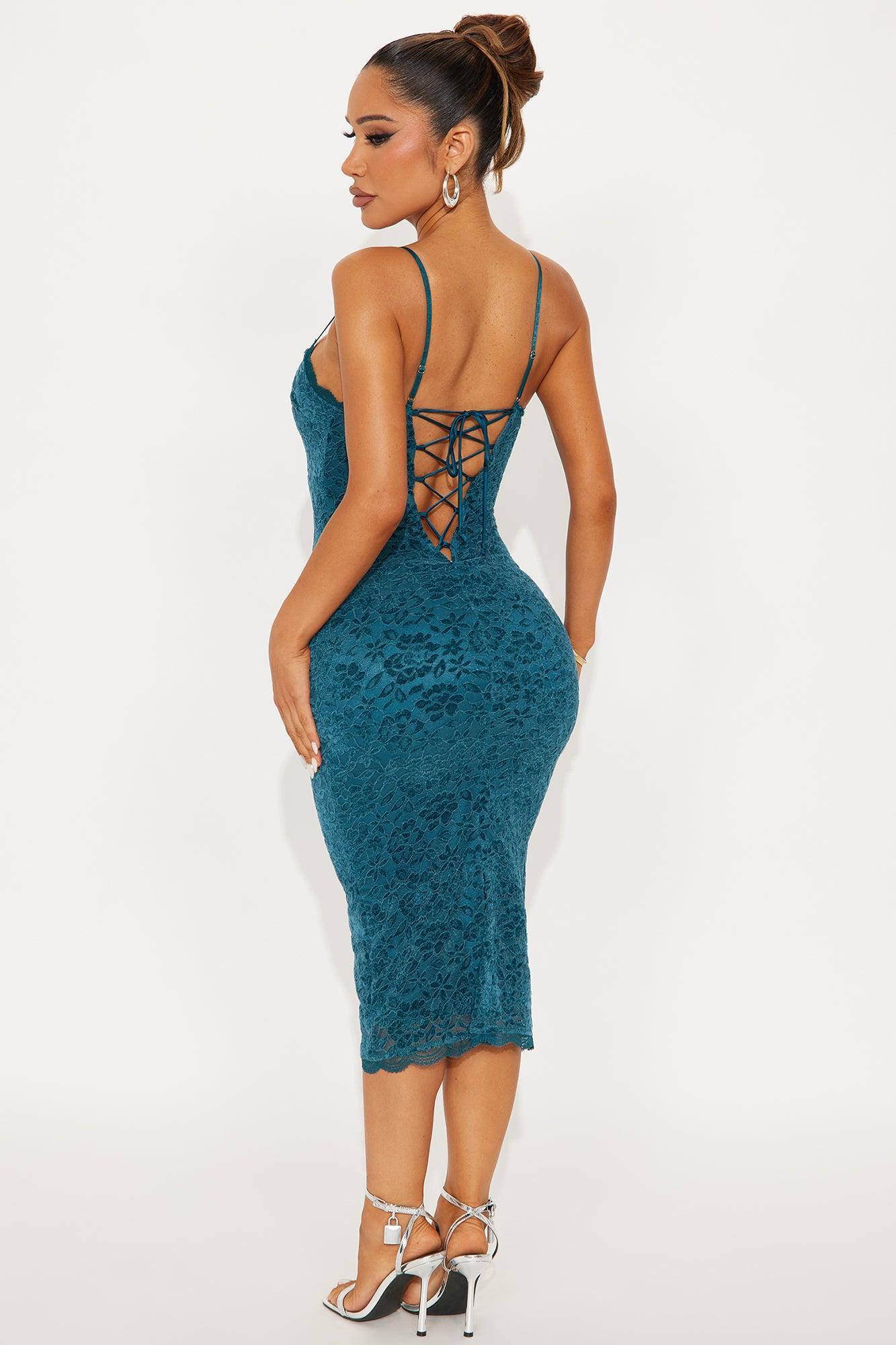 Harlow Velvet Lace Midi Dress - Teal Product Image