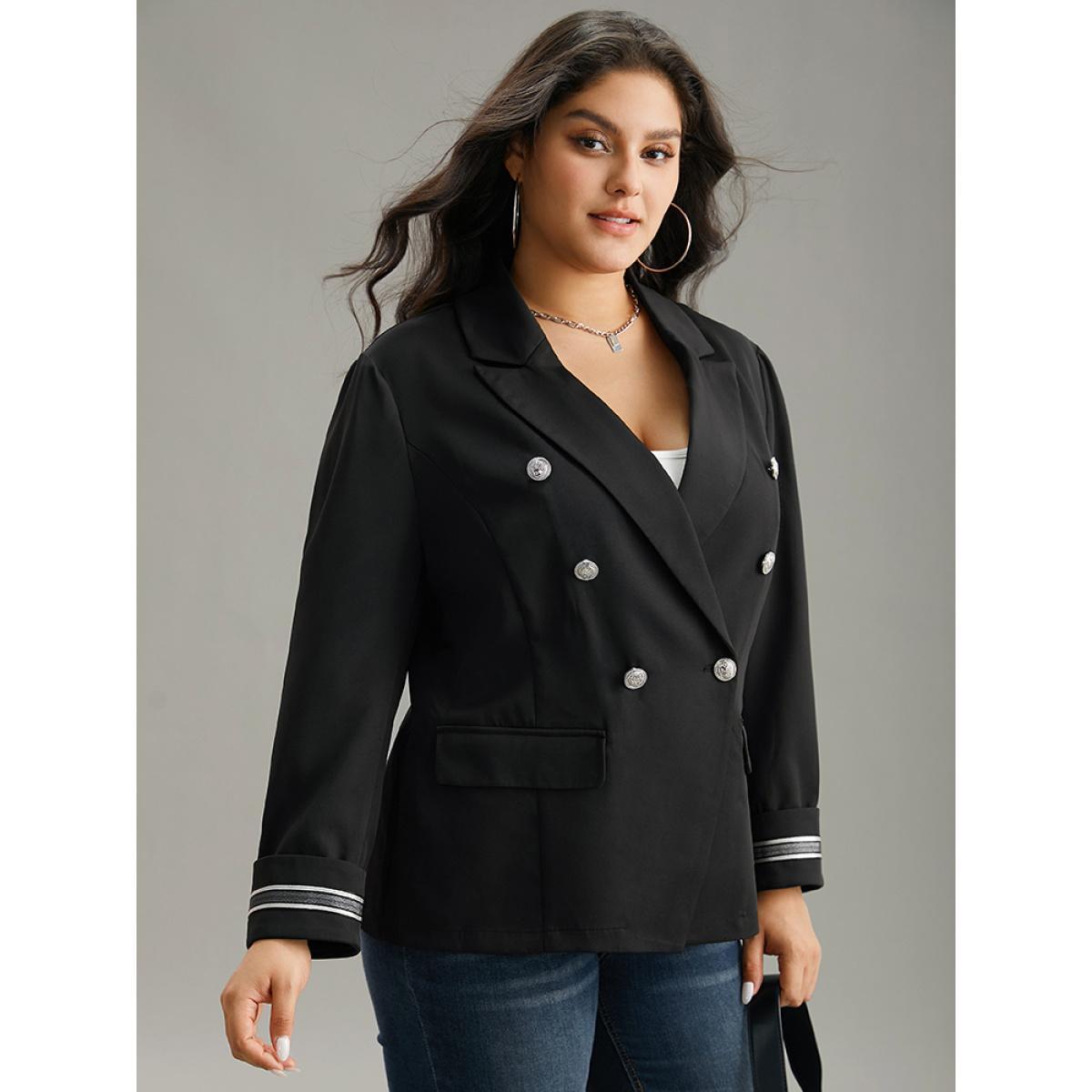 Plus Size Suit Collar Metal Detail Patchwork Blazer Black Women Work Plain Patchwork Sleeve Long Sleeve Suit Collar 22-24/3X Office Blazers BloomChic Product Image