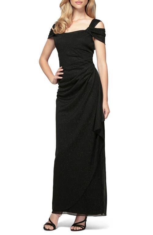 Alex Evenings Glitter Mesh Cowl Neck Cold Shoulder Cap Sleeve Side Slit Ruched Gown Product Image