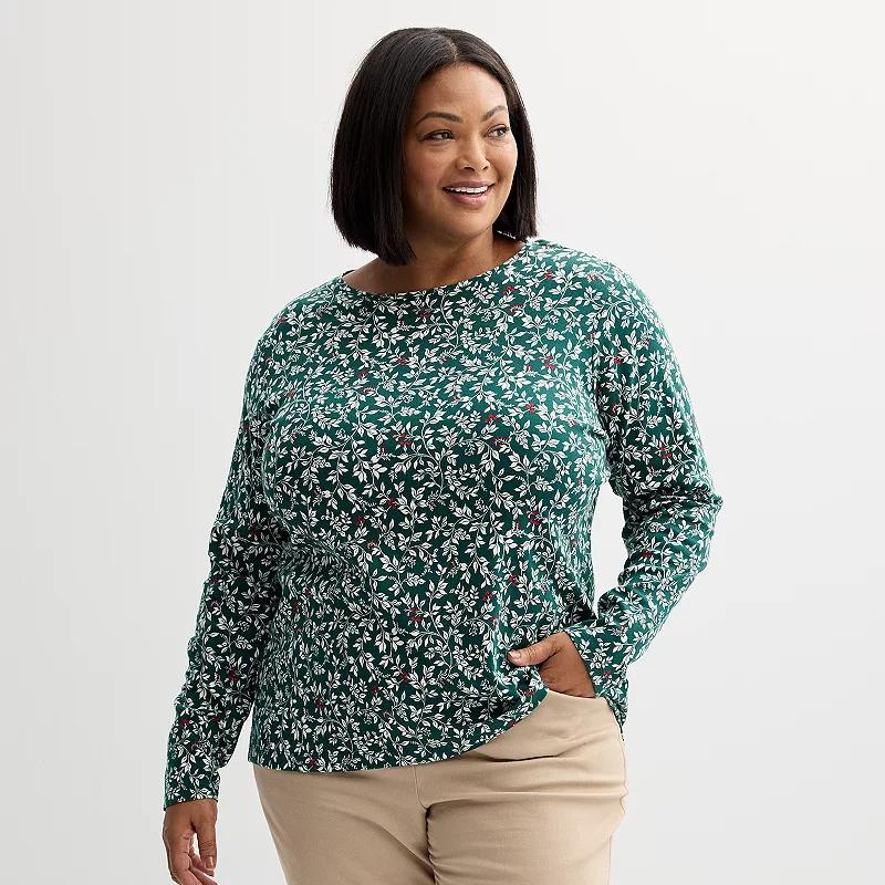 Plus Size Croft & Barrow® Essential Crewneck Long Sleeve Tee, Women's, Size: 1XL, Navy Night Red Product Image
