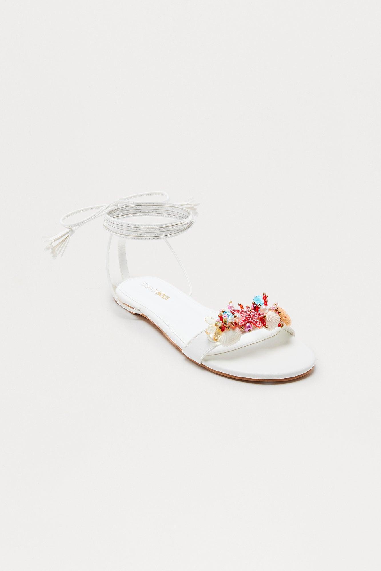 Sea Beaded Wrap Up Sandals - White Product Image