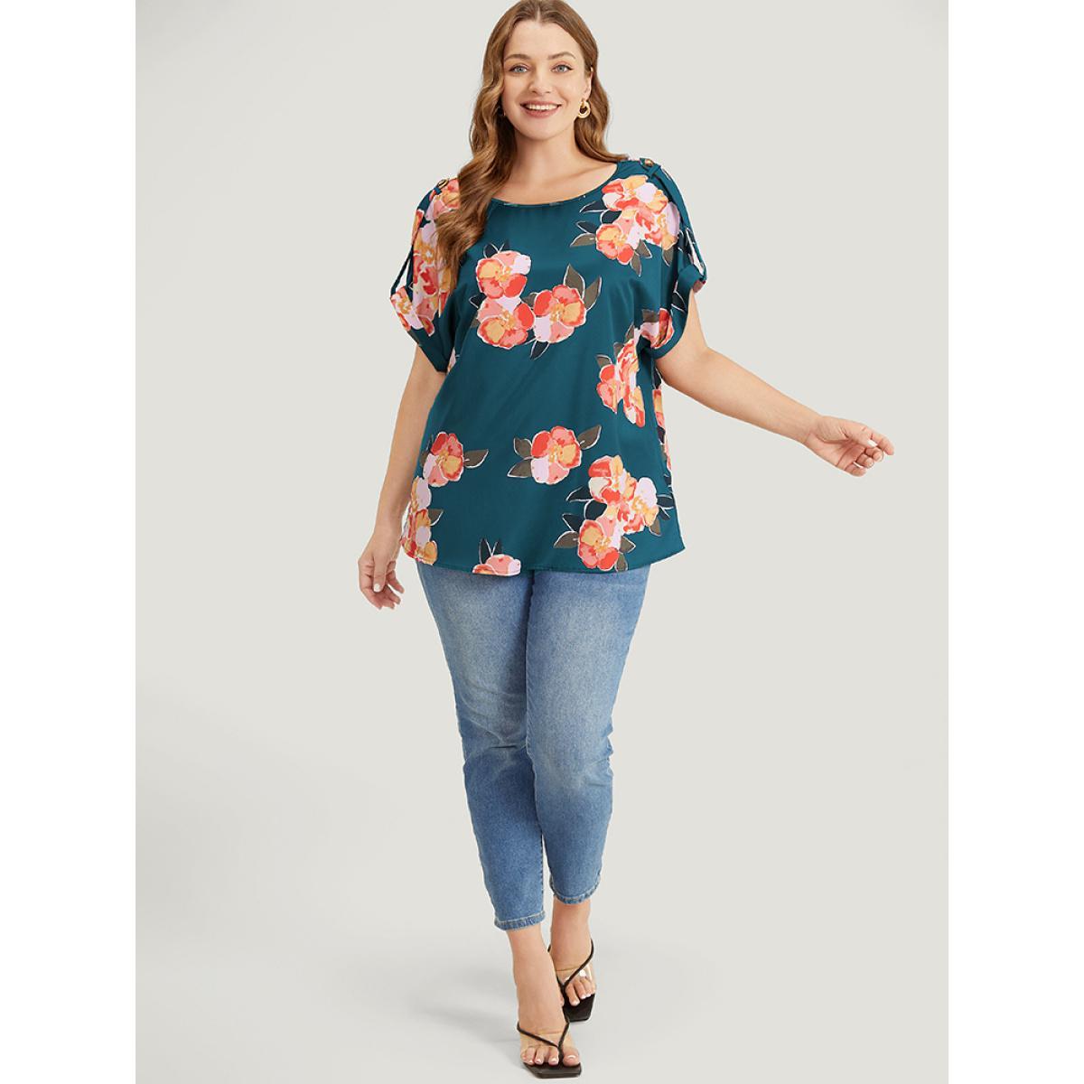 Plus Size Cyan Floral Printed Roll Tab Sleeve Blouse Women Elegant Short sleeve Round Neck Dailywear Blouses BloomChic 26/4X Product Image