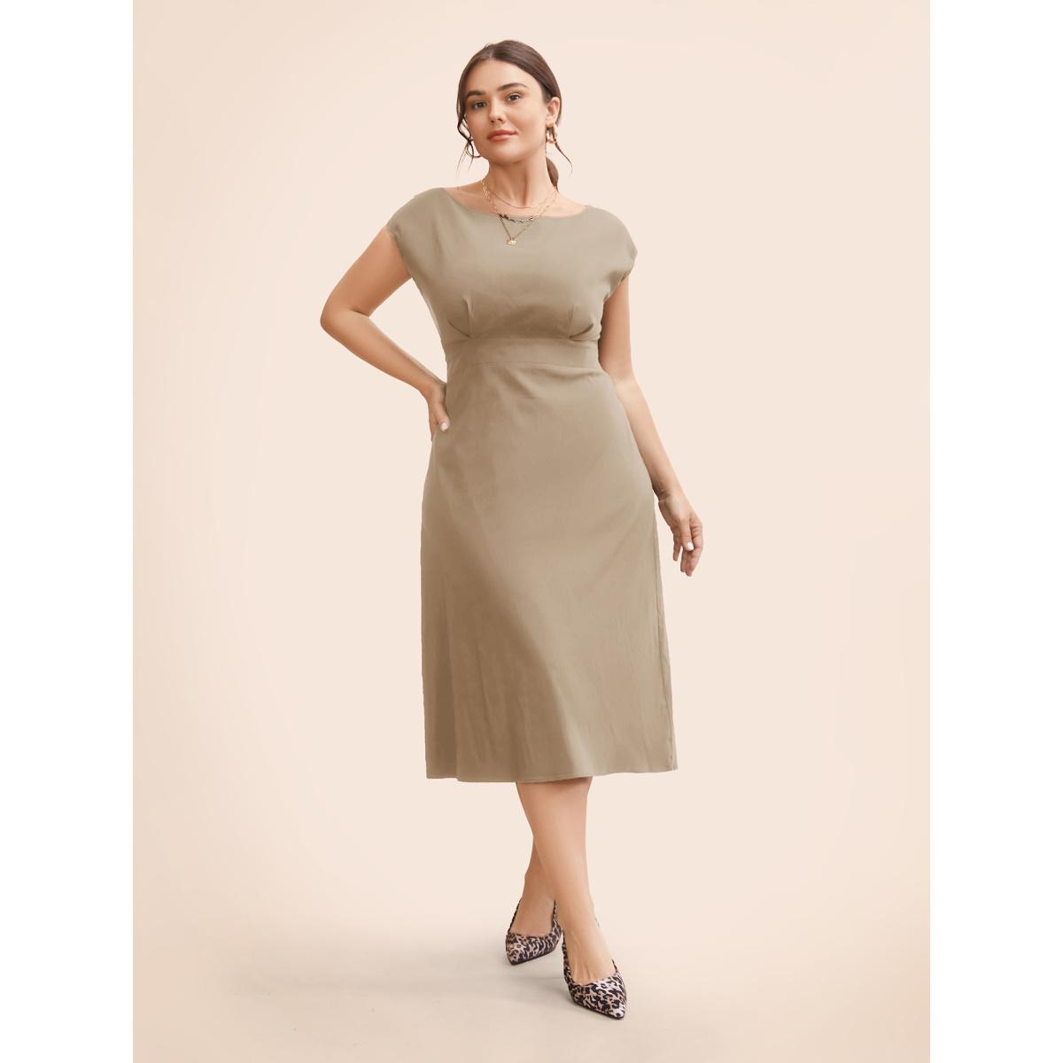 Plus Size Stretch Woven Cowl Neckline Midi Dress LightBrown Women Workwear Essentials Pleated Boat Neck Cap Sleeve Curvy BloomChic 26/4X Product Image