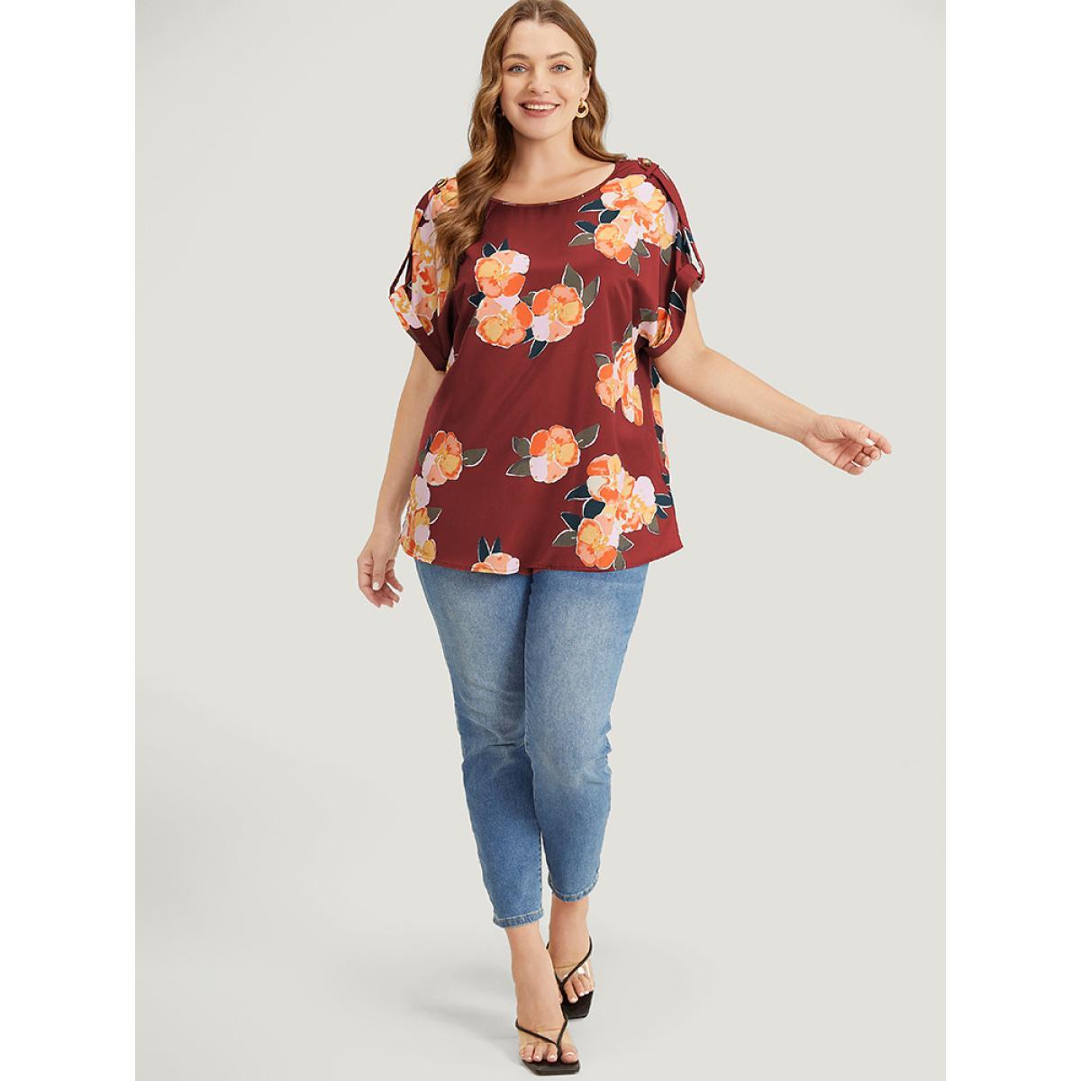 Plus Size Burgundy Floral Printed Roll Tab Sleeve Blouse Women Elegant Short sleeve Round Neck Dailywear Blouses BloomChic 28/5X Product Image
