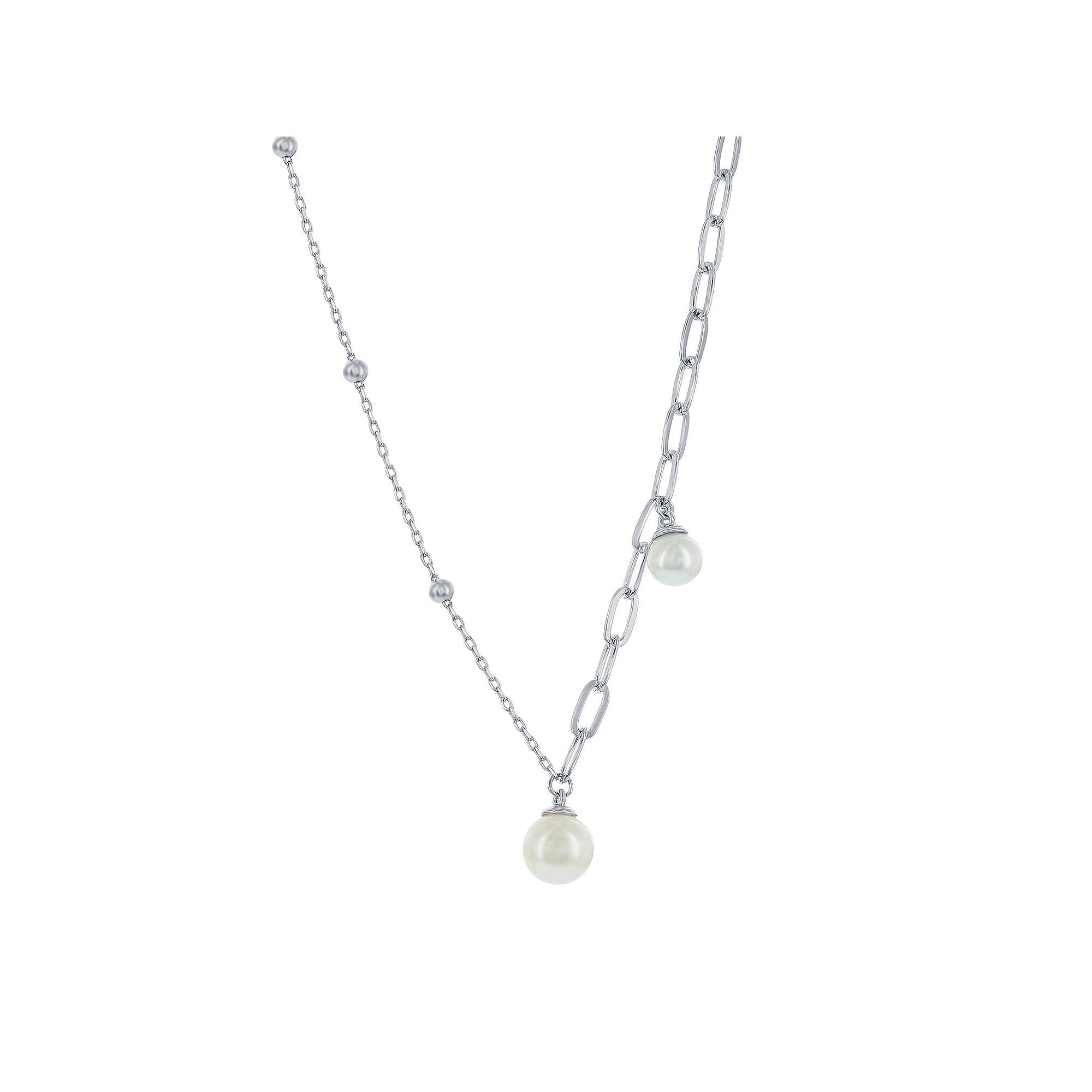 Sterling Silver Beaded & Paper Clip Freshwater Cultured Pearl Asymmetrical Necklace, Women's, Size: 16" Product Image