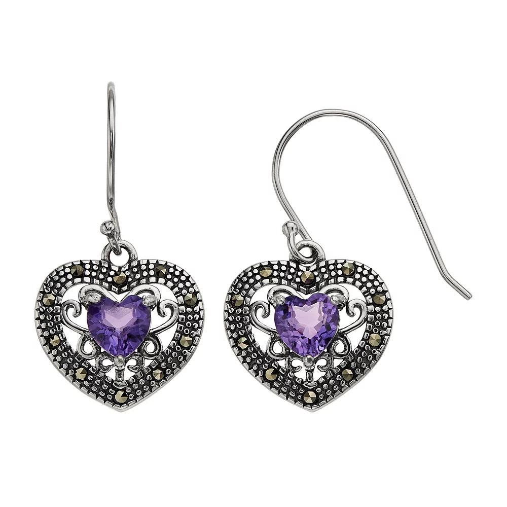 Tori Hill Sterling Silver Amethyst & Marcasite Heart Earrings, Women's Product Image