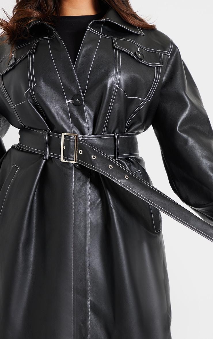 Plus Black Faux Leather Contrast Stitch Split Hem Trench Coat Product Image