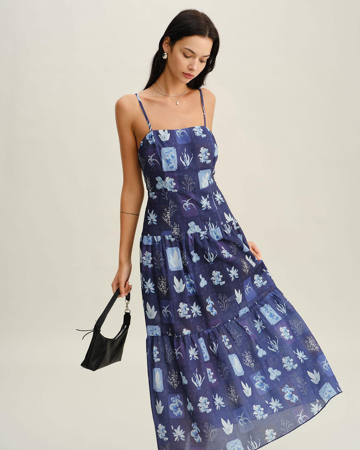 Blue Floral Ruched Bohemian Slip Maxi Dress Product Image