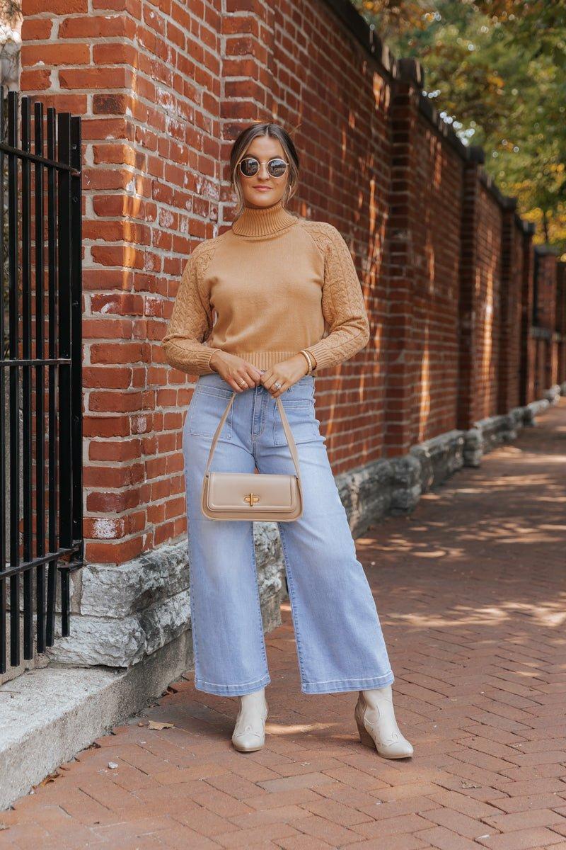 Camel Cable Knit Sleeve Turtleneck Sweater - FINAL SALE Female Product Image
