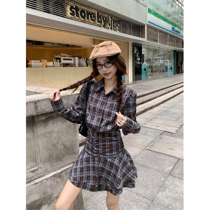 Long Sleeve Collared Plaid Mini A-Line Dress Product Image