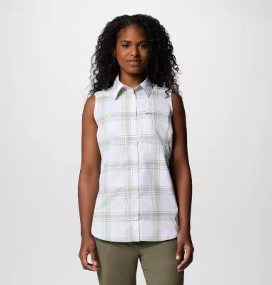 Women's Columbia Anytime Lite Collared Button Down Tank Top, Size: Small, Yellow Wash Gingham Product Image