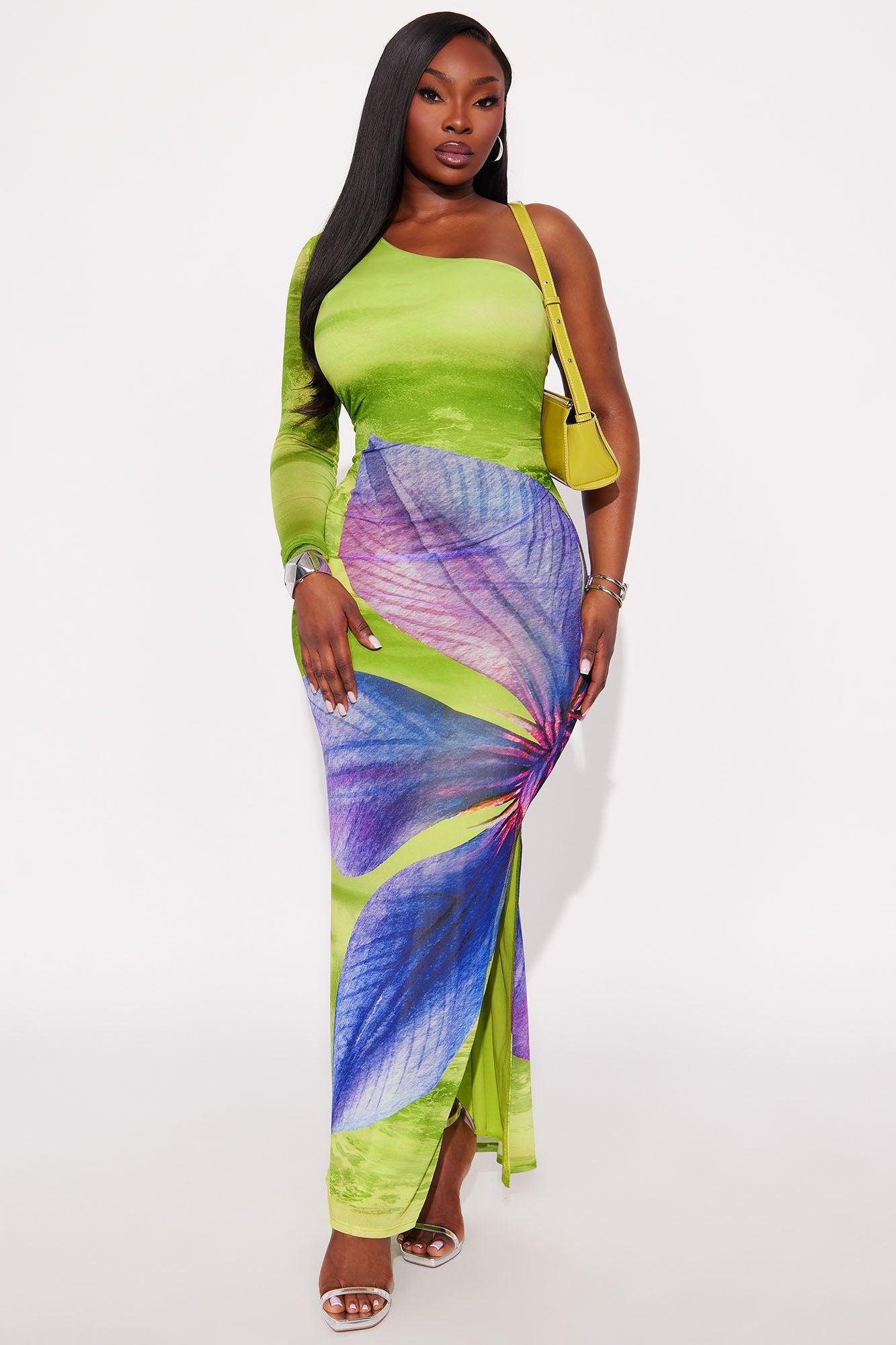 Kiara One Shoulder Mesh Maxi Dress - Green/combo Product Image
