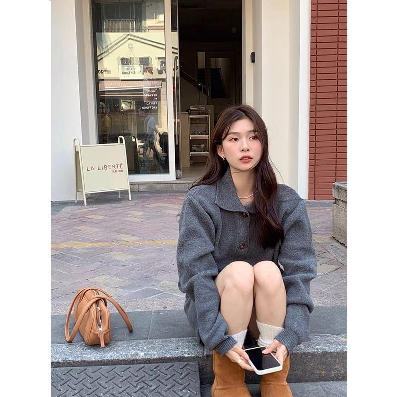 Set: Collar Plain Cardigan + High Waist Knit Shorts Product Image