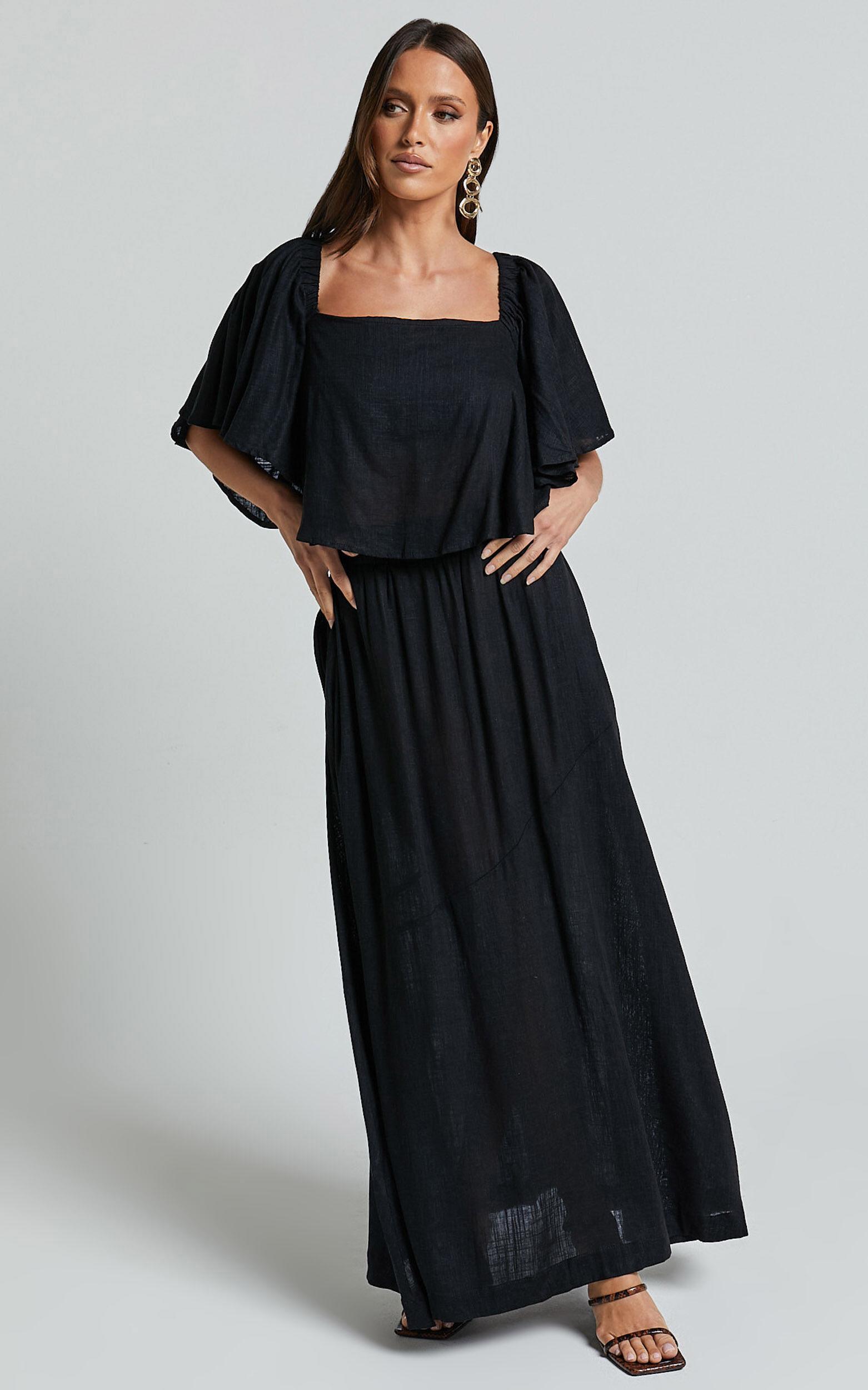 Amalie The Label - Juletta Linen Blend Flutter Sleeve Top and Midi Skirt Two Piece Set in Black Product Image