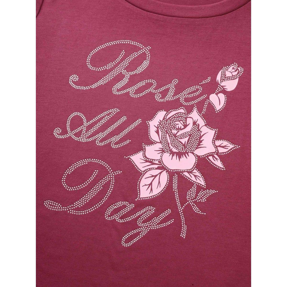 Plus Size Natural Flowers Rhinestone Round Neck T-shirt RedViolet Women Elegant Natural Flowers Everyday T-shirts BloomChic 28/5X Product Image