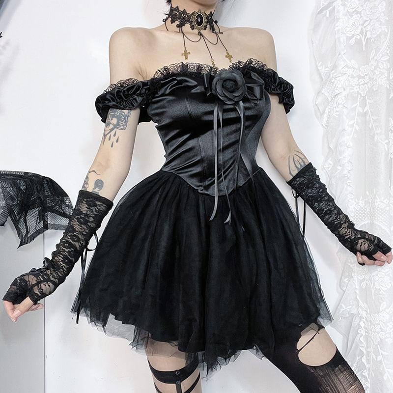 Off Shoulder Corset Waist Sheer Mini A-Line Dress Product Image
