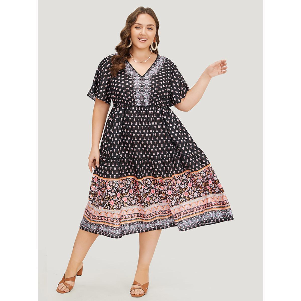 Plus Size Boho Print Contrast Gathered Pocket Ruffles Dress BlackFlower Women Vacation V-neck Short sleeve Curvy Midi Dress BloomChic 18-20/2X Product Image