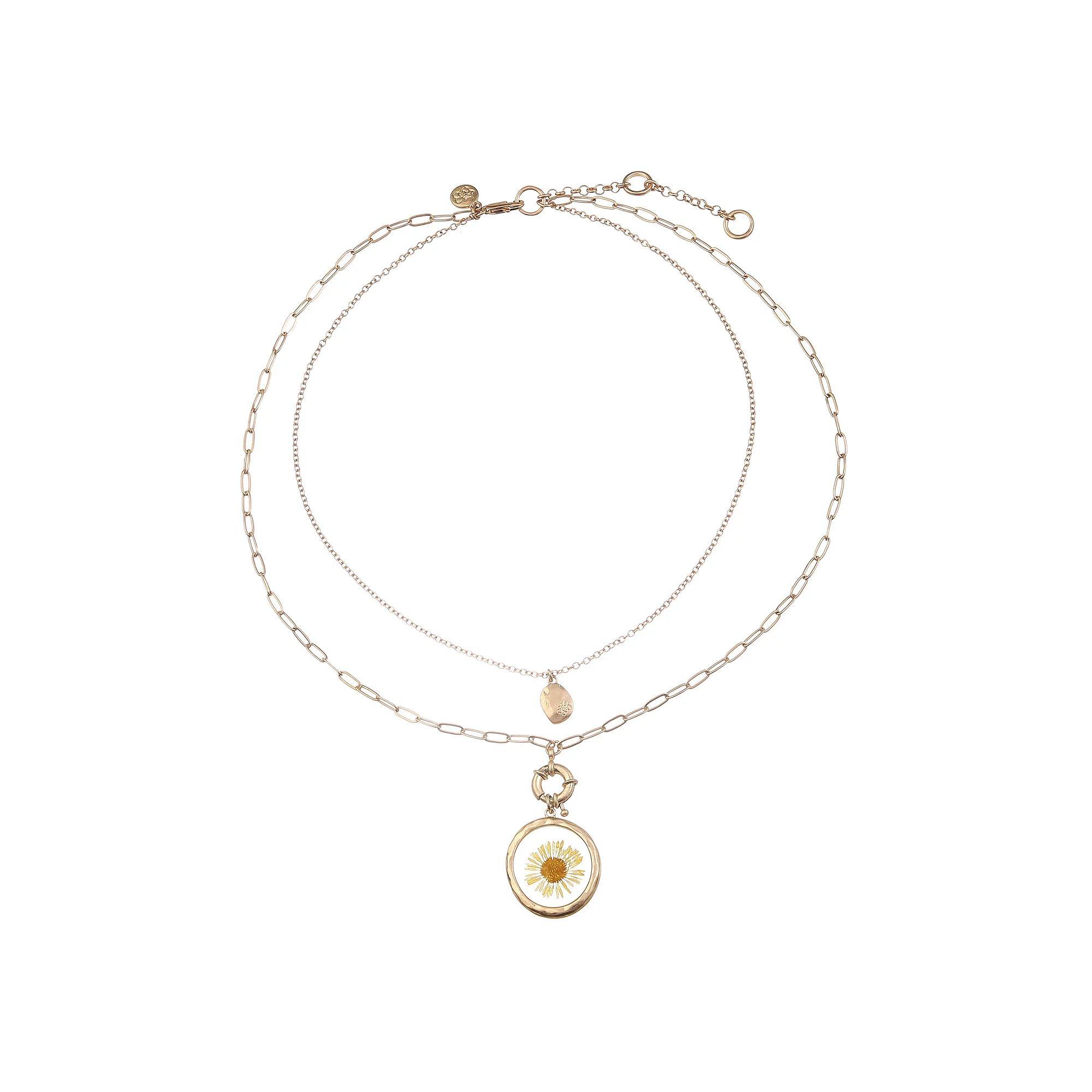 Bella Uno Worn Gold Multistrand Yellow Pressed Flower Spring Ring Necklace, Women's, Size: 18/22+3", Gold Tone Product Image