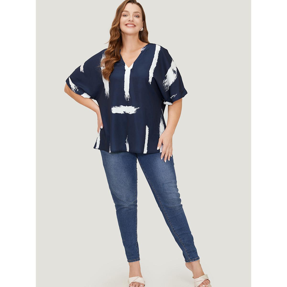 Plus Size Indigo Brush Print Rolll Batwing Sleeve Blouse Women Elegant Half Sleeve V-neck Dailywear Blouses BloomChic 22-24/3X Product Image