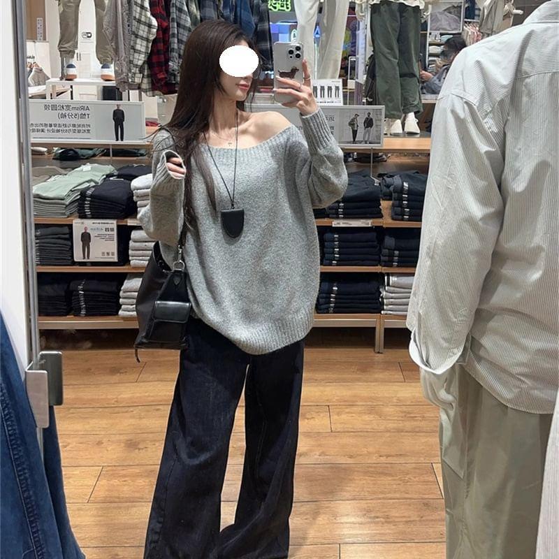 Off-Shoulder Plain Sweater Product Image