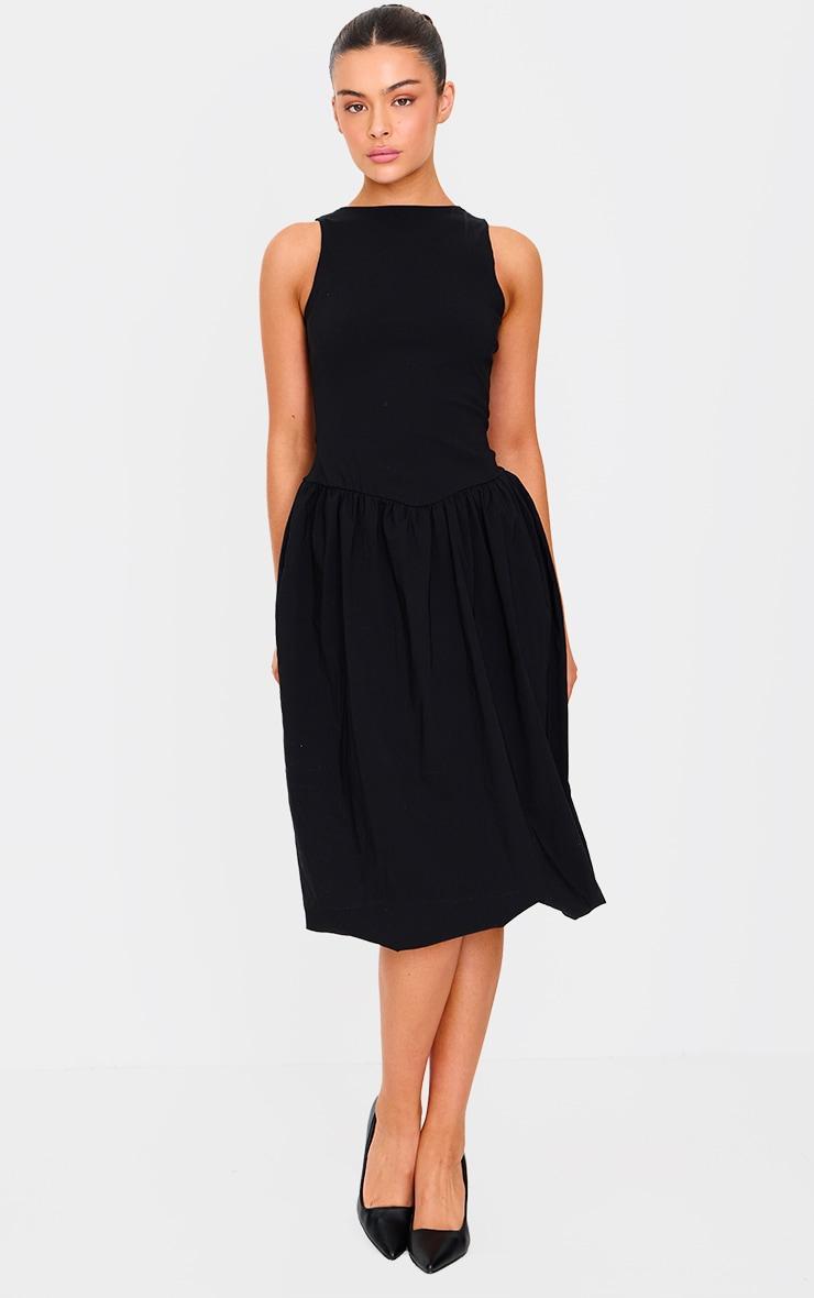 Black Racer Drop Waist Puffball Midi Dress Product Image