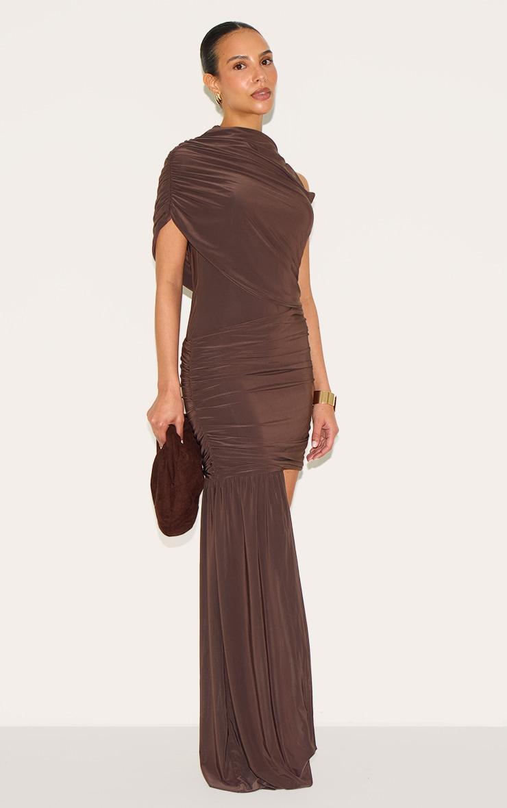 Petite Chocolate Ruched Drape Detail Mini Dress Product Image