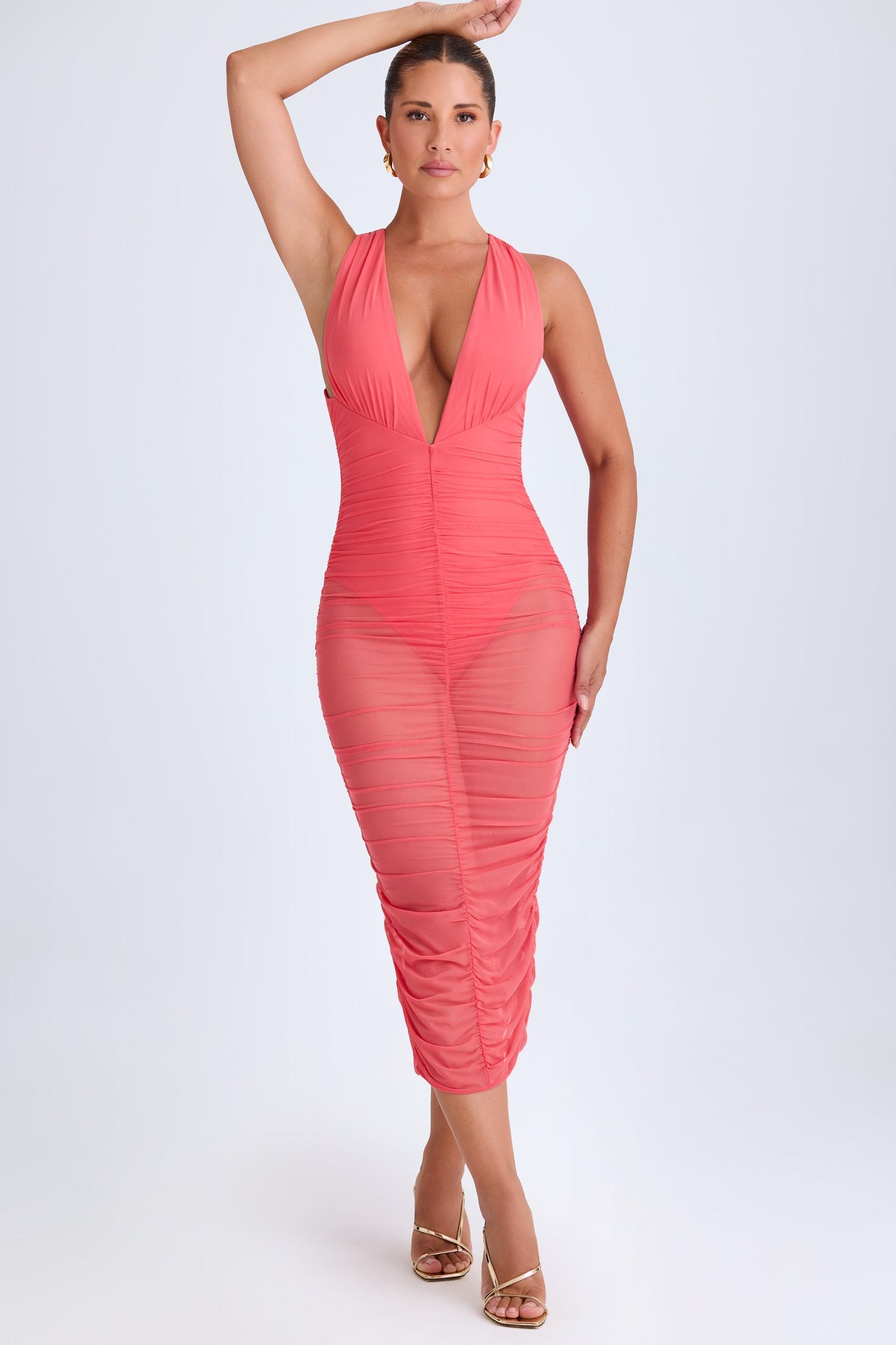 Ruched Plunge Midaxi Dress in Coral Product Image