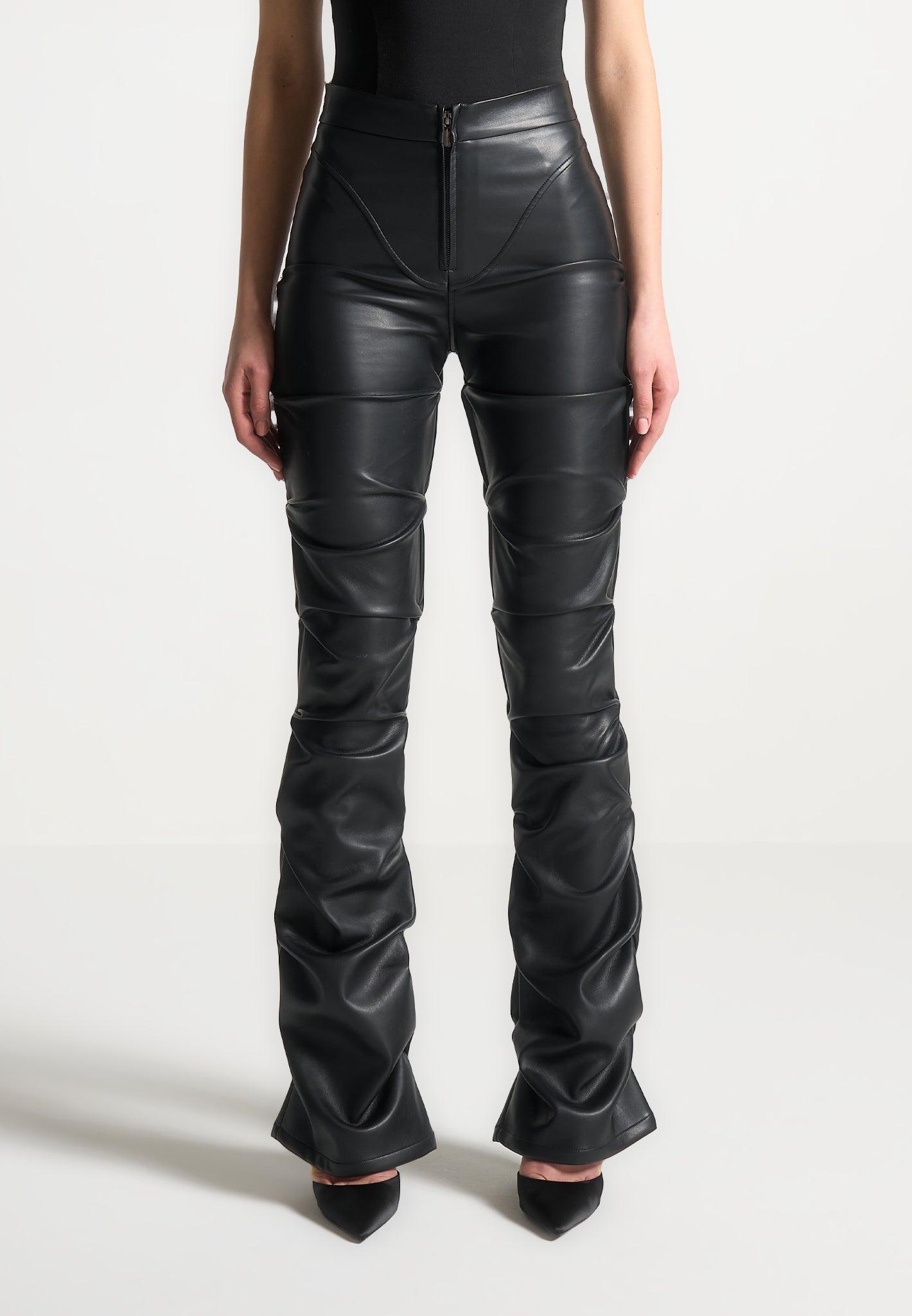 Caroline - Tacked Leather Flared Trousers - Black Female Product Image