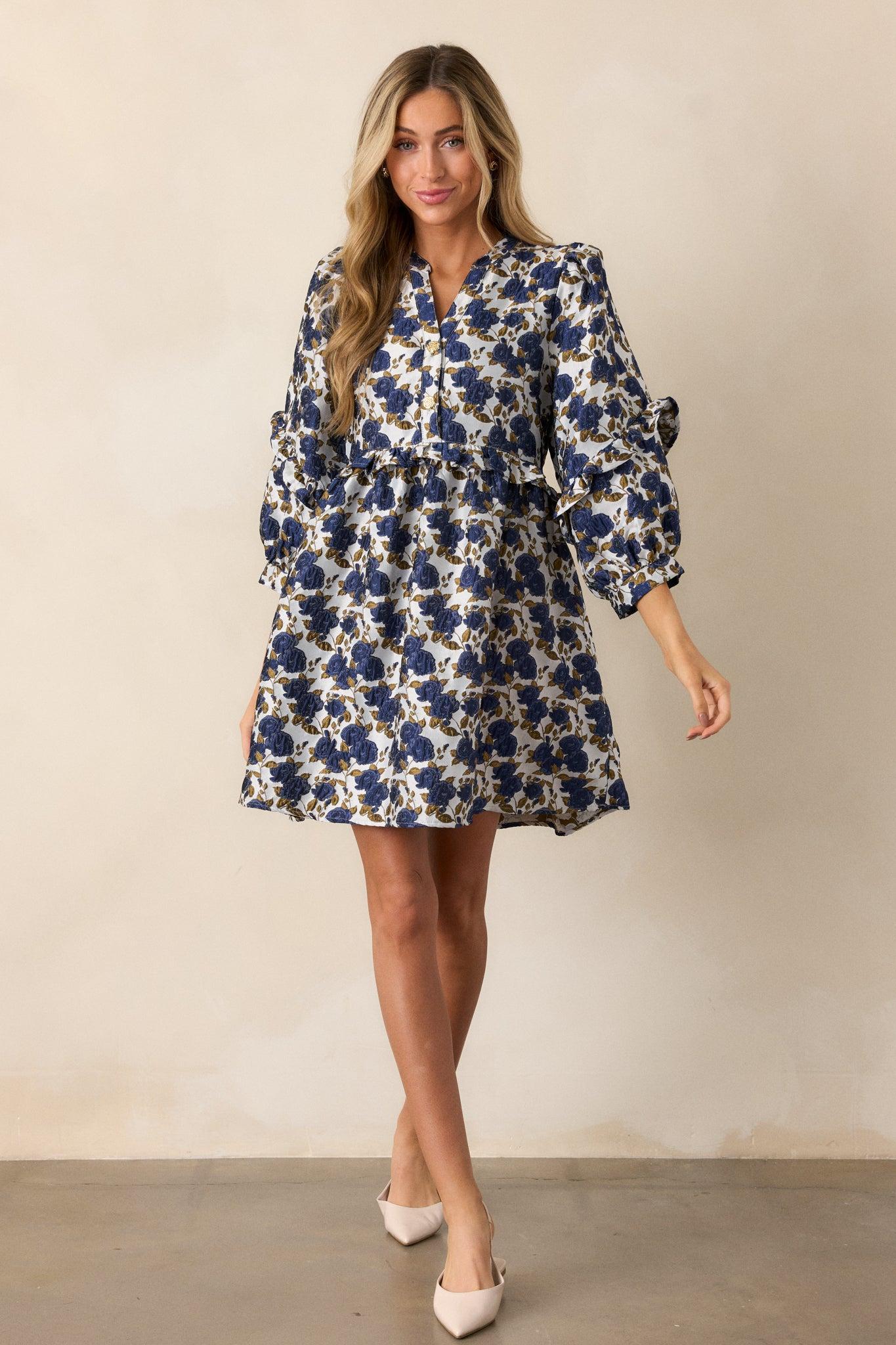 Waves of Roses Navy Floral Puff Sleeve Mini Dress Product Image
