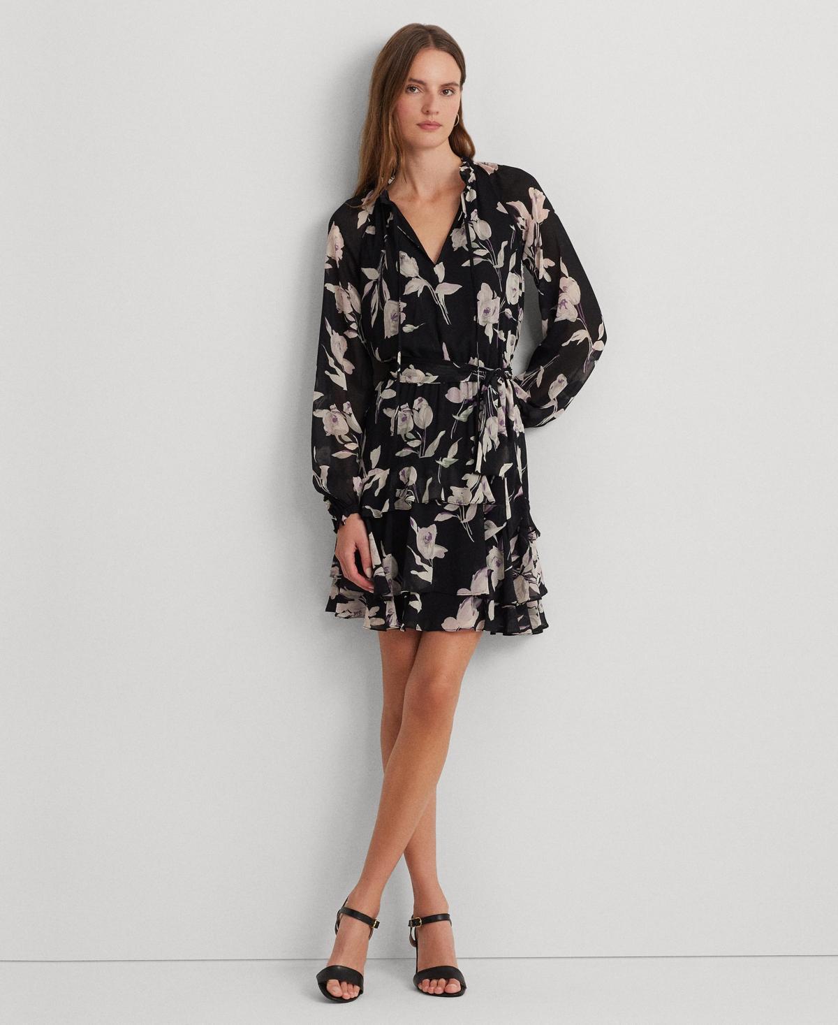 Lauren Ralph Lauren Floral Belted Crinkle Georgette Dress Multi) Women's Dress Product Image