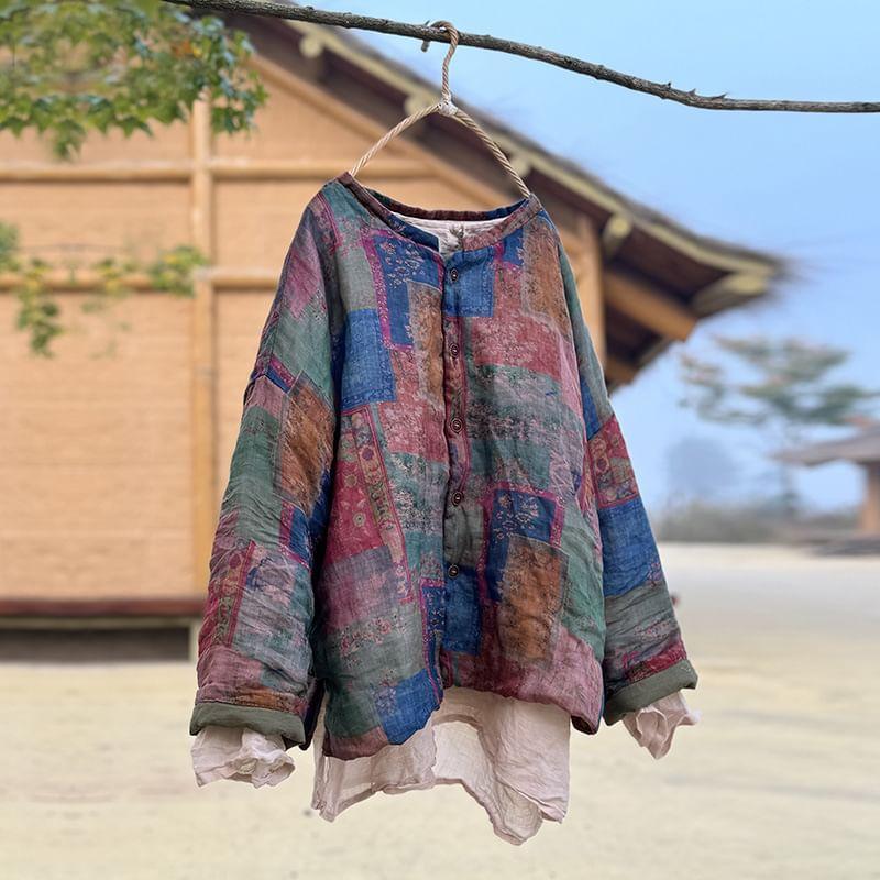 Crew Neck Floral Print Padded Blouse Product Image