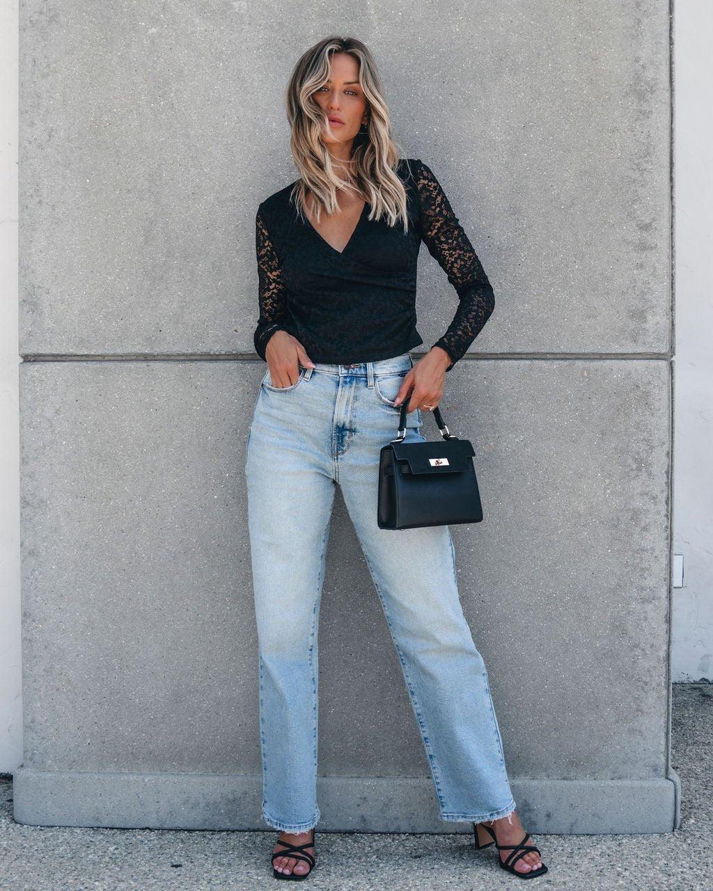 Sheer Sleeve Lace Top - Black - DOORBUSTER Product Image