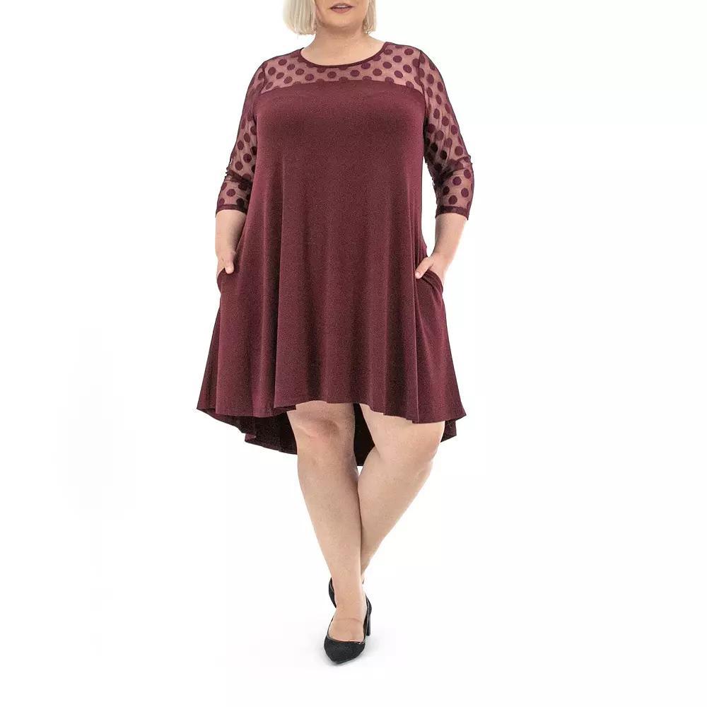 Plus Size Nina Leonard Dot-Mesh Yoke Swing Dress, Women's, Size: 2XL, Deep Red Product Image