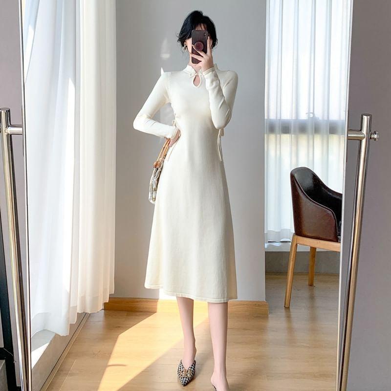 Long-Sleeve Mock Neck Plain Drawstring Midi A-Line Dress Product Image