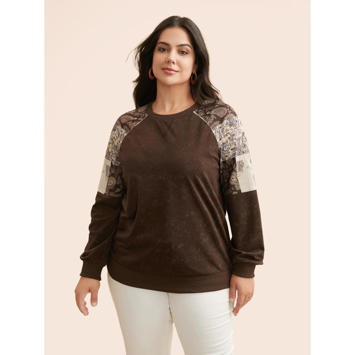 Plus Size Vintage Boho Print Patchwork Sweatshirt Women DarkBrown Casual Contrast Round Neck Everyday Sweatshirts BloomChic 26/4X Product Image