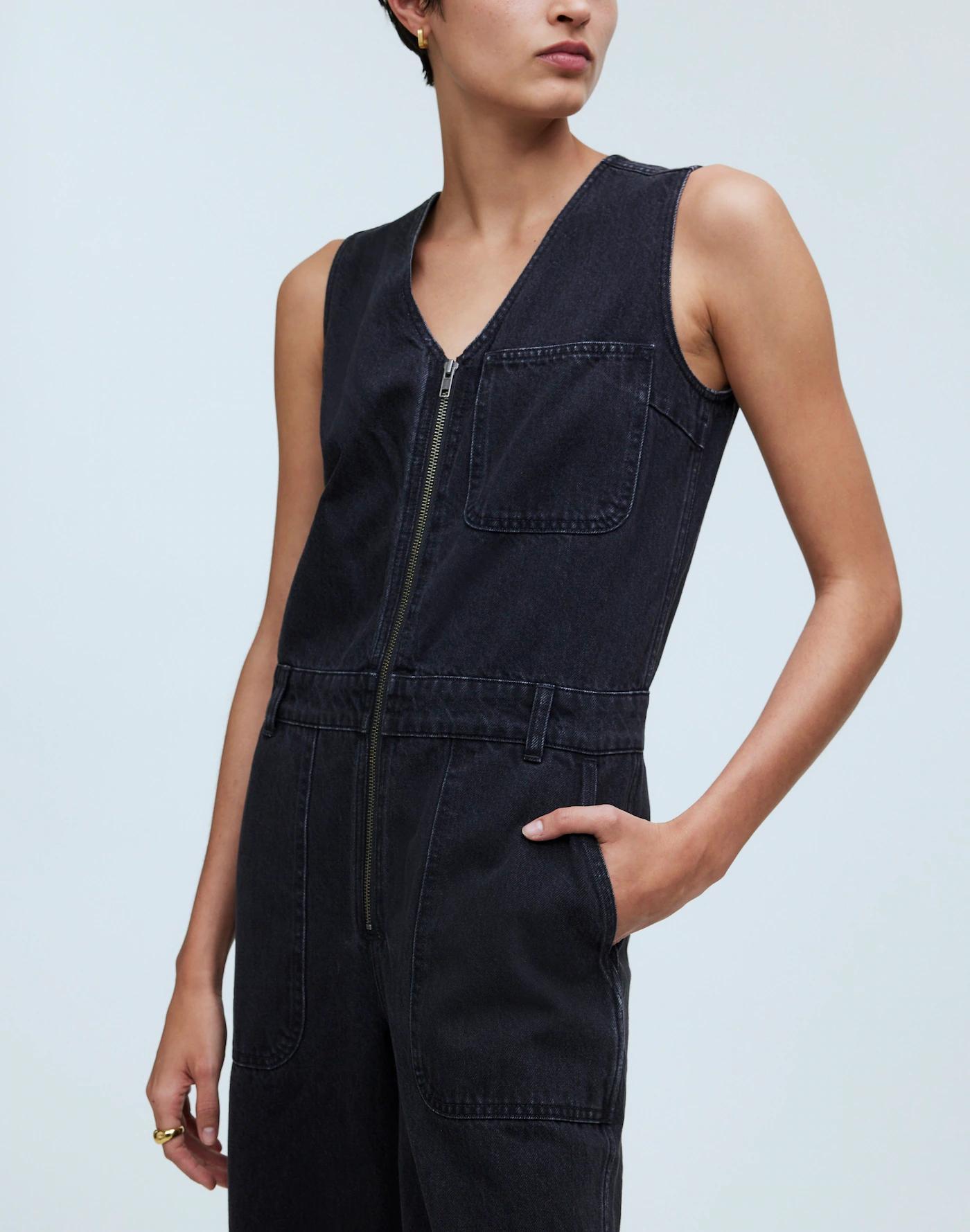 Denim Zip-Front Sleeveless Jumpsuit in Tarrybrook Wash Product Image